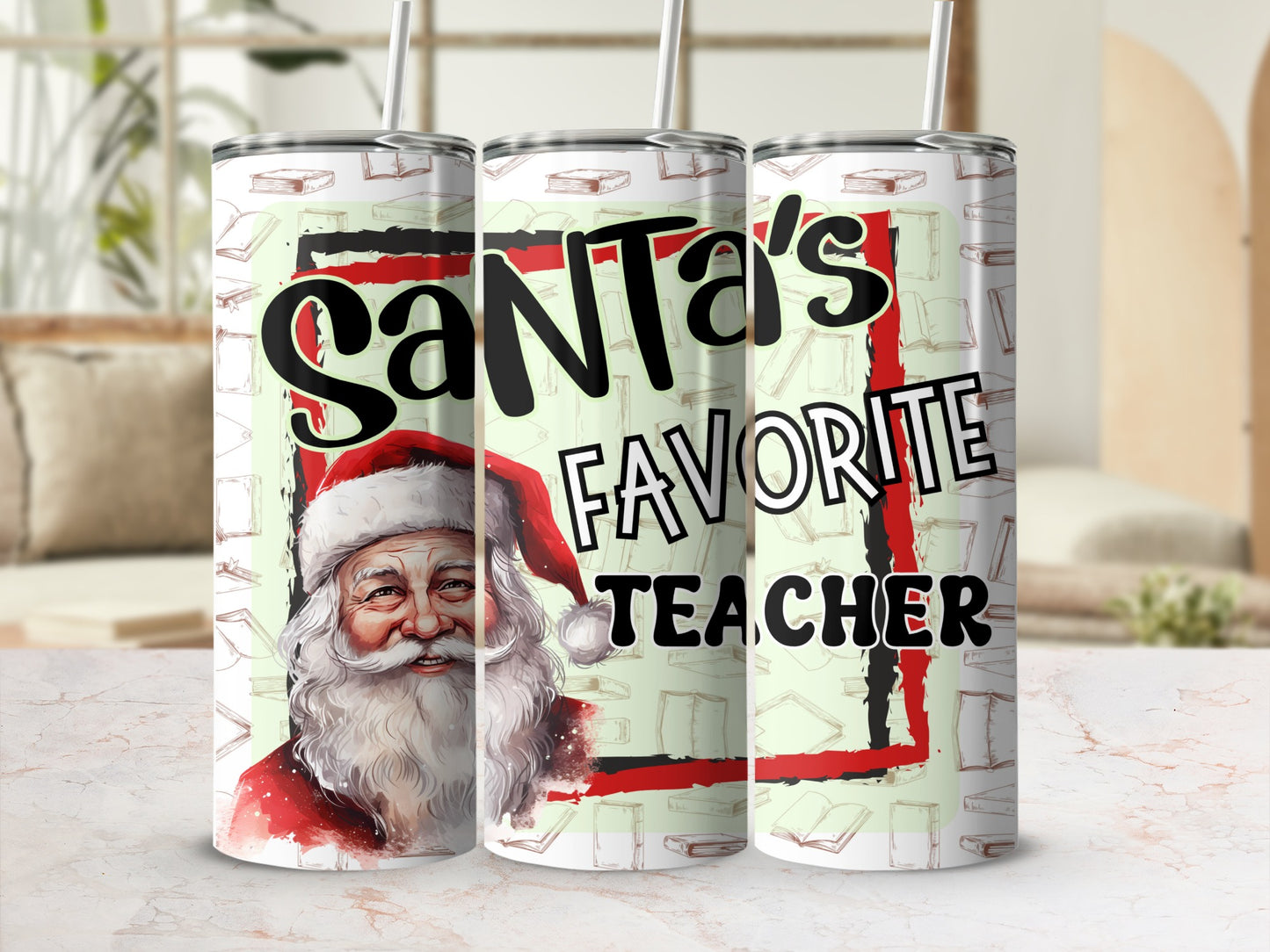 Santa's Favorite Teacher tumbler with Santa Claus illustration and book graphics.