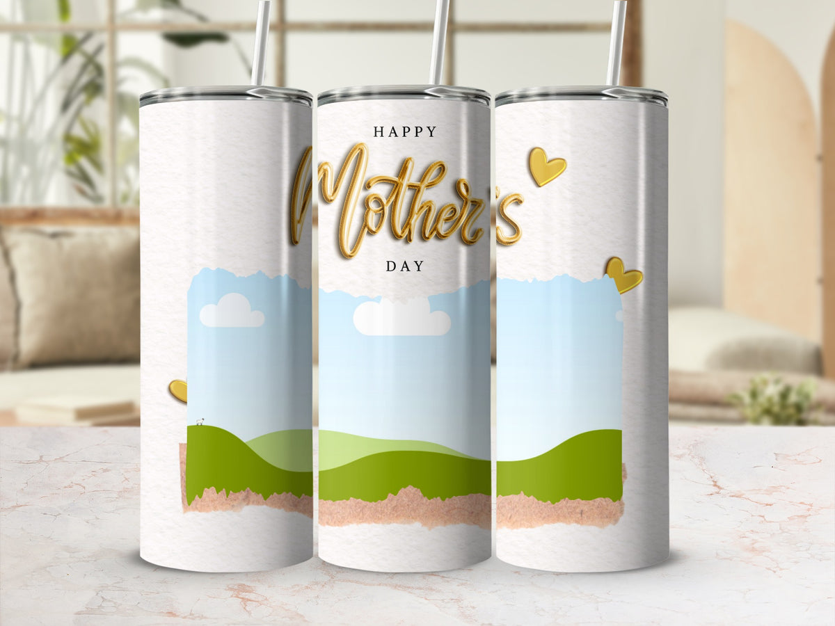 Three tumblers with "Happy Mother's Day" text and gold hearts.