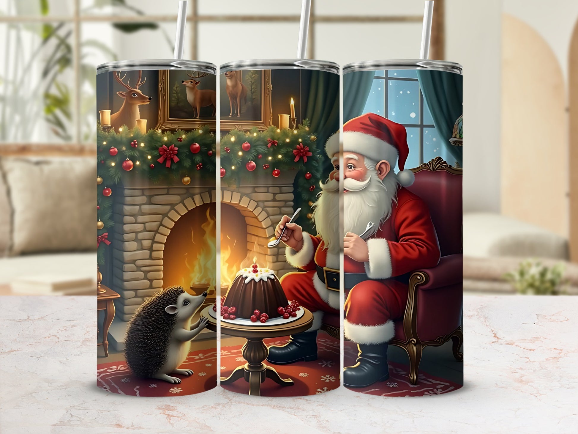 Christmas Santa with Hedgehog and Fireplace Tumbler