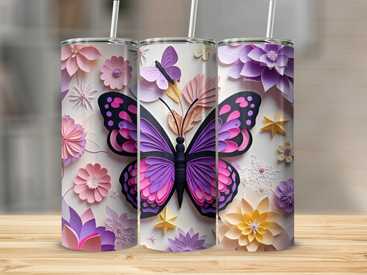 Three tumblers with a purple butterfly and floral paper art design.