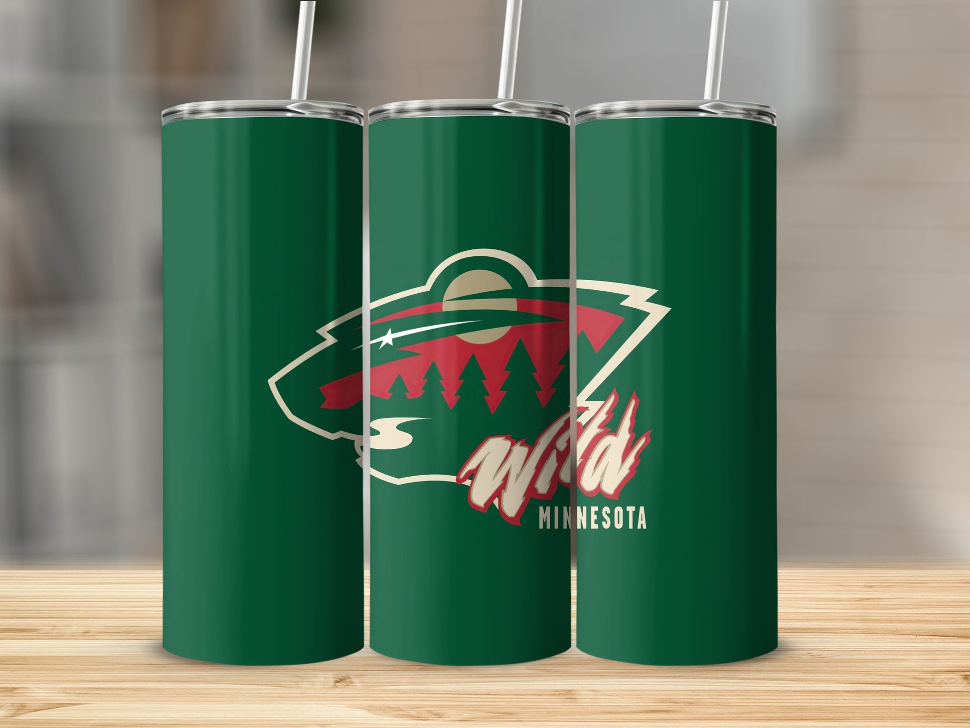 Three green tumblers with the Minnesota Wild logo and text.