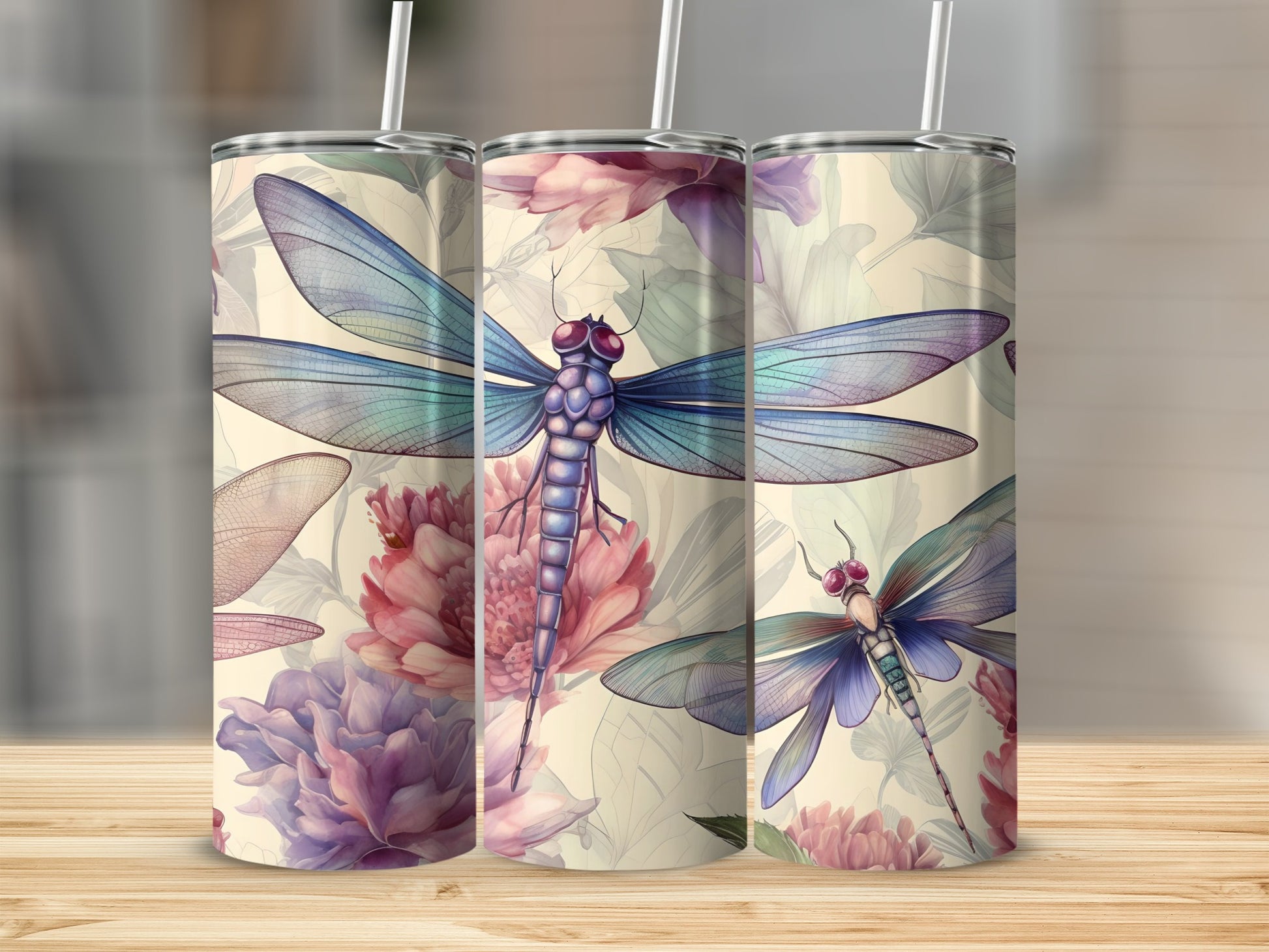 Dragonfly and Floral Patterned Stainless Steel Tumbler