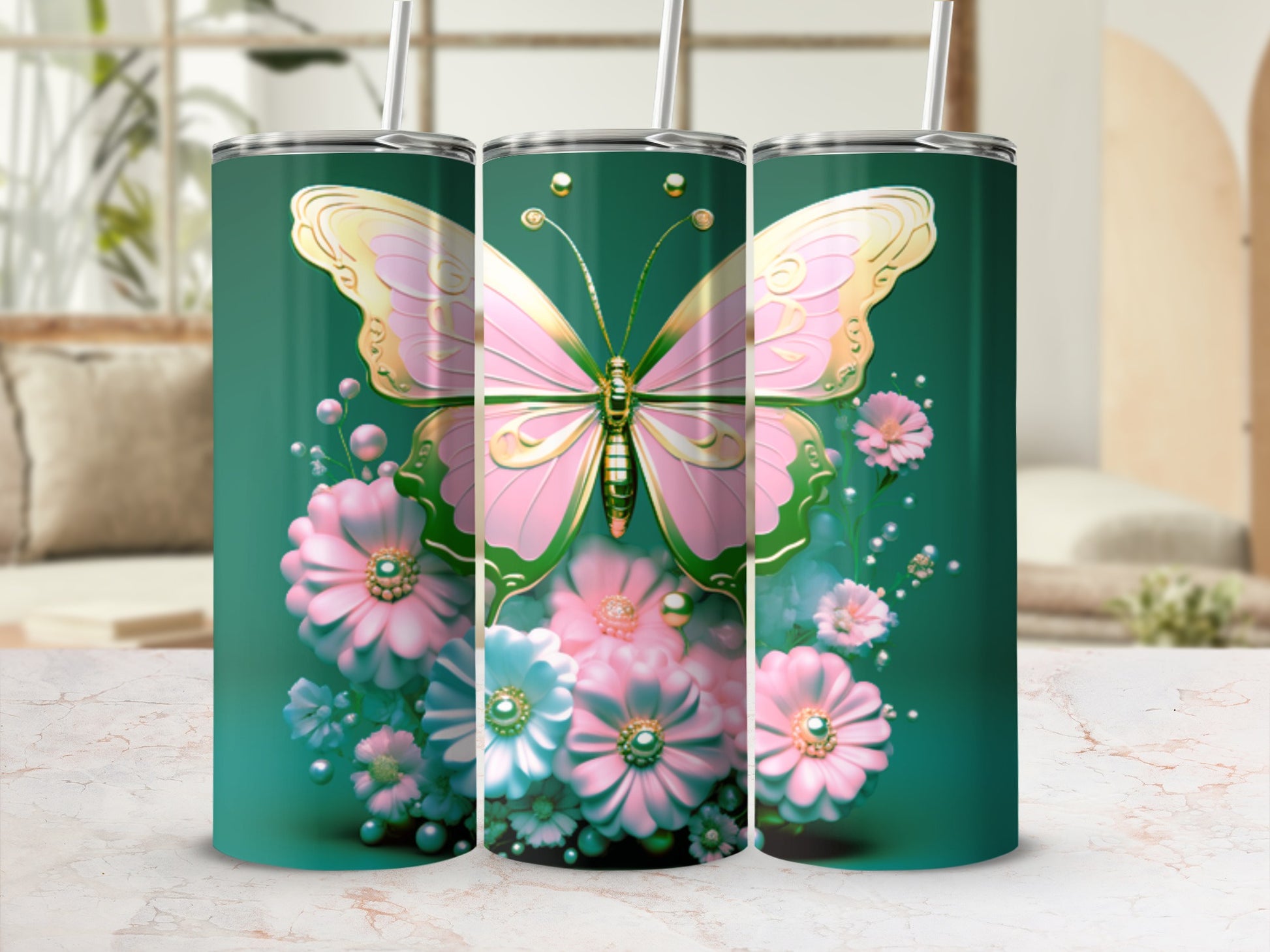 Green tumbler with pink butterfly and floral design.