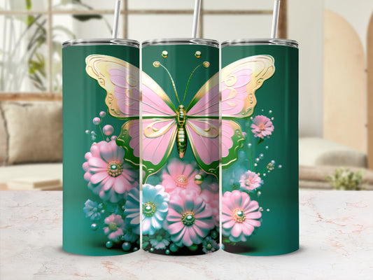 Green tumbler with pink butterfly and floral design.