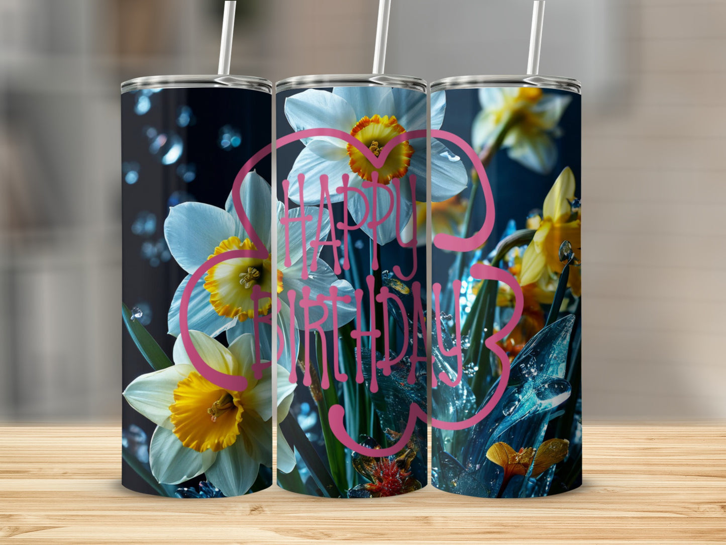 Tumbler with white and yellow daffodils, text "Happy Birthday".