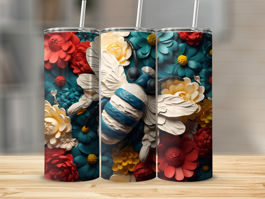 Three tumblers with floral patterns and a bee design.