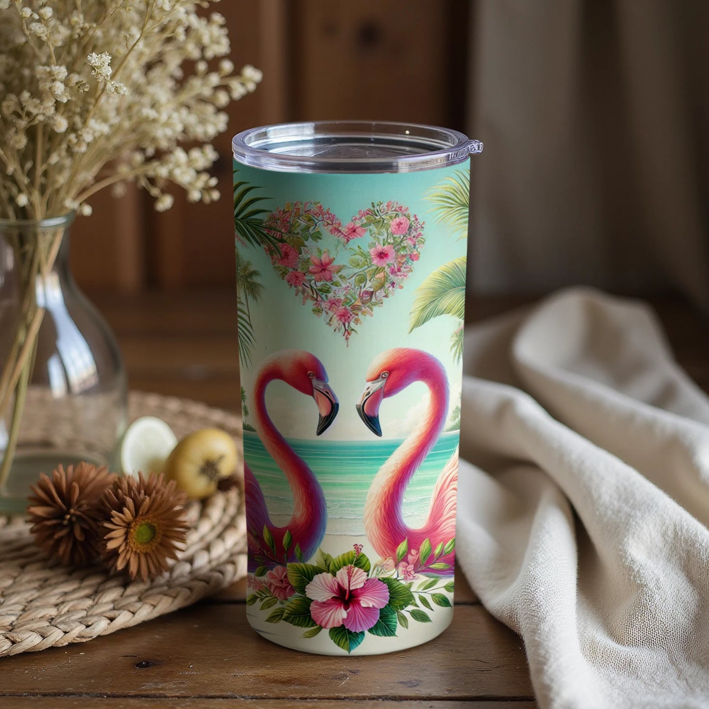 Heart Floral Flamingo Tumbler With Tropical Scenery