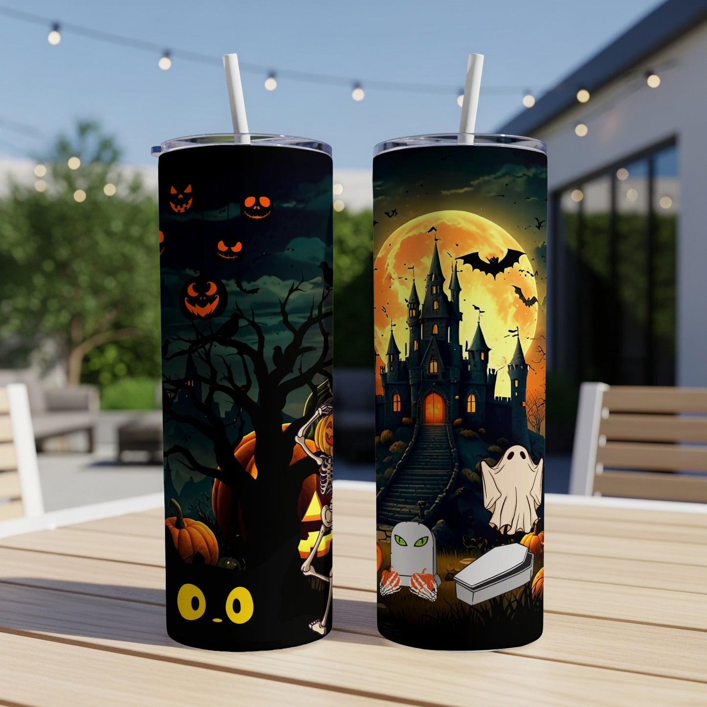 Two tumblers with Halloween themes: jack-o'-lanterns, castle, ghost, and skeleton.