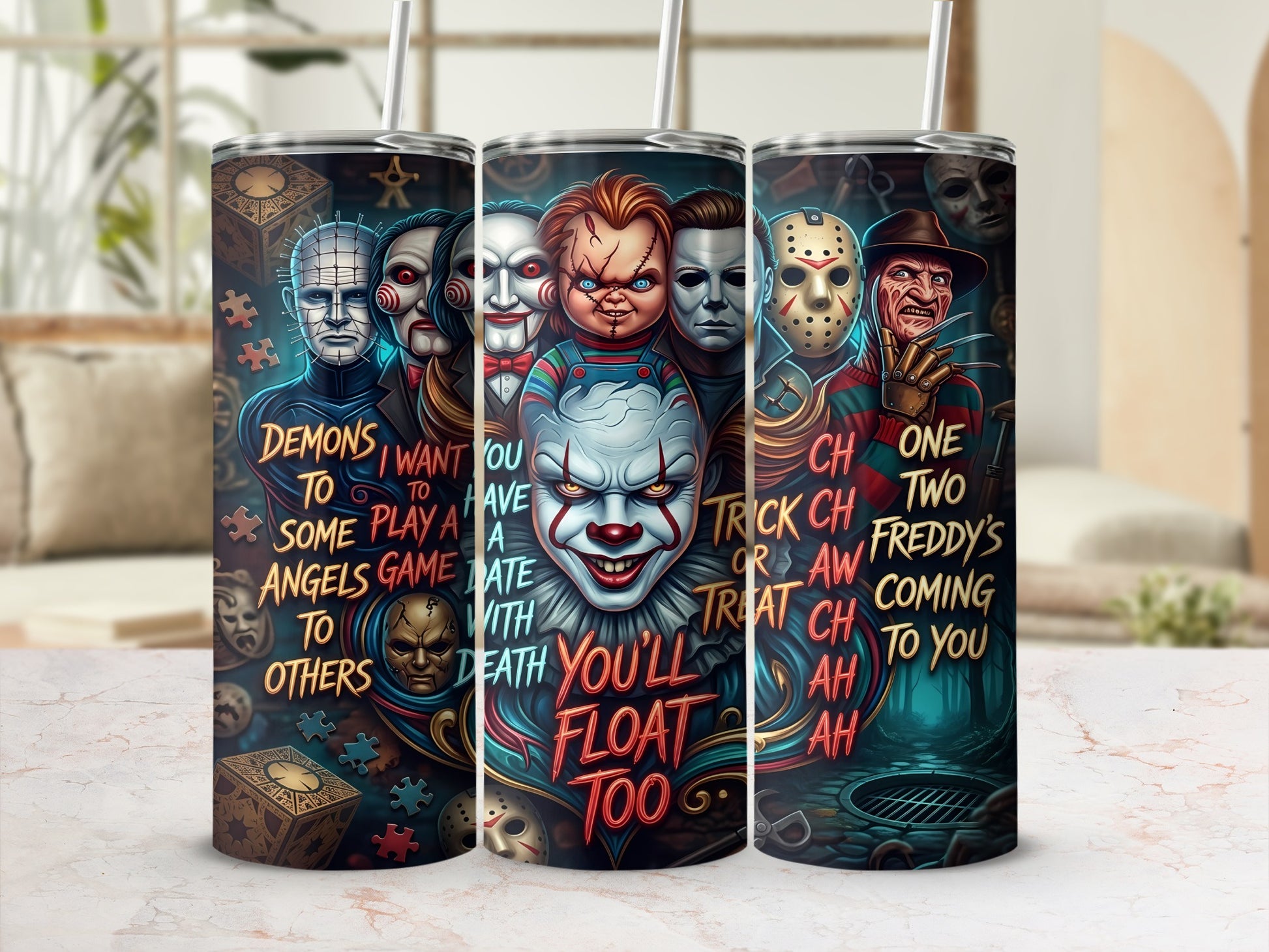 Horror movie villains with text: "You'll float too."