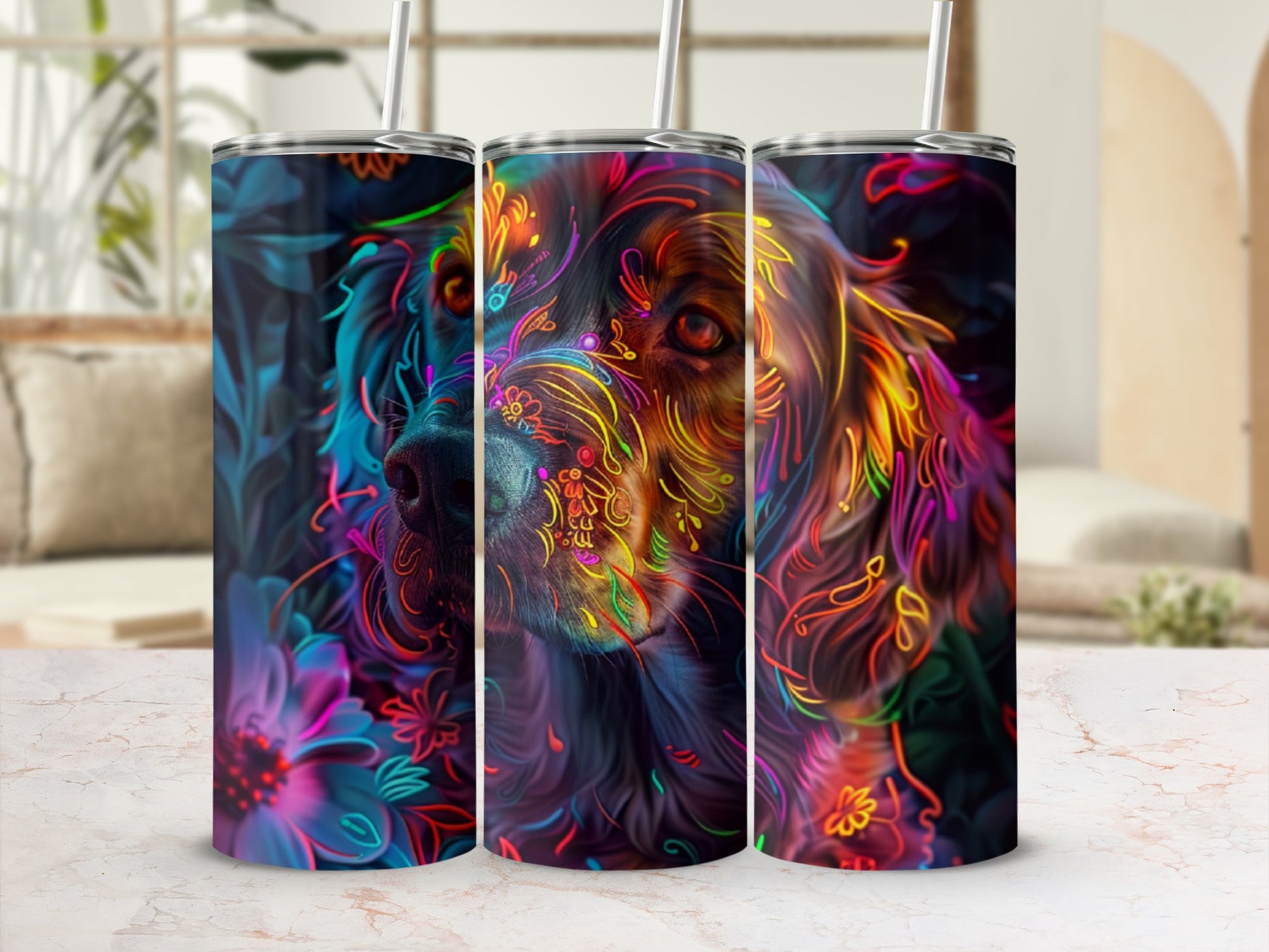Tumbler with vibrant floral patterns over a dog's face.
