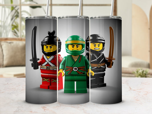 Three Lego ninjas in red, green, and black outfits with swords.