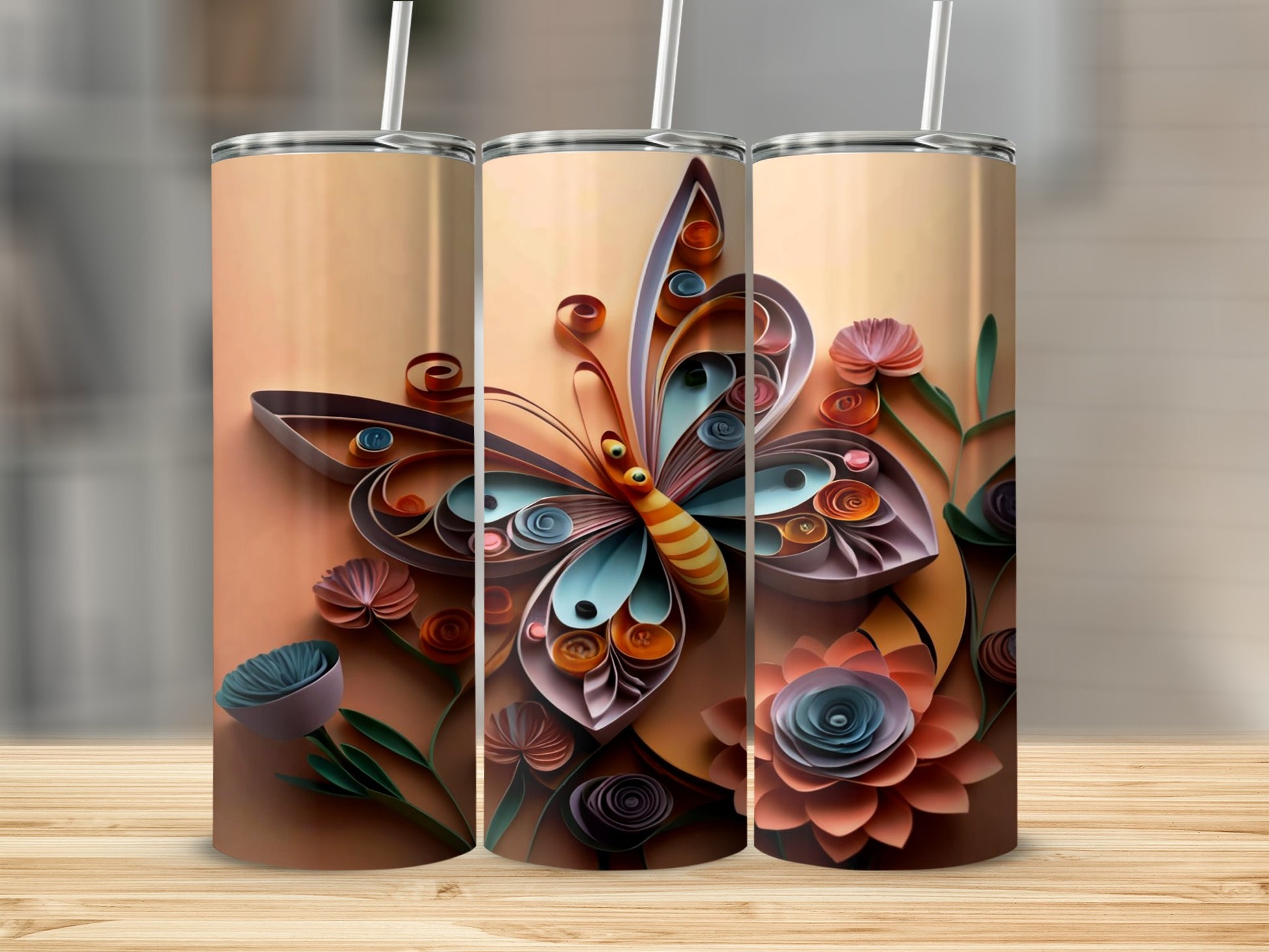Butterfly and Floral Design Stainless Steel Tumbler