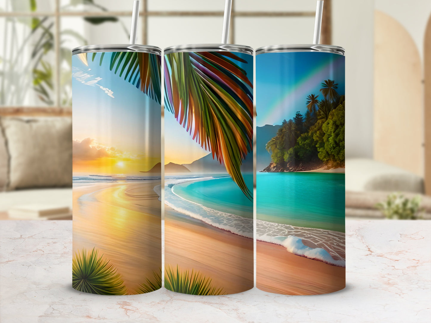 Tropical Beach Sunset and Palm Trees Tumbler Set