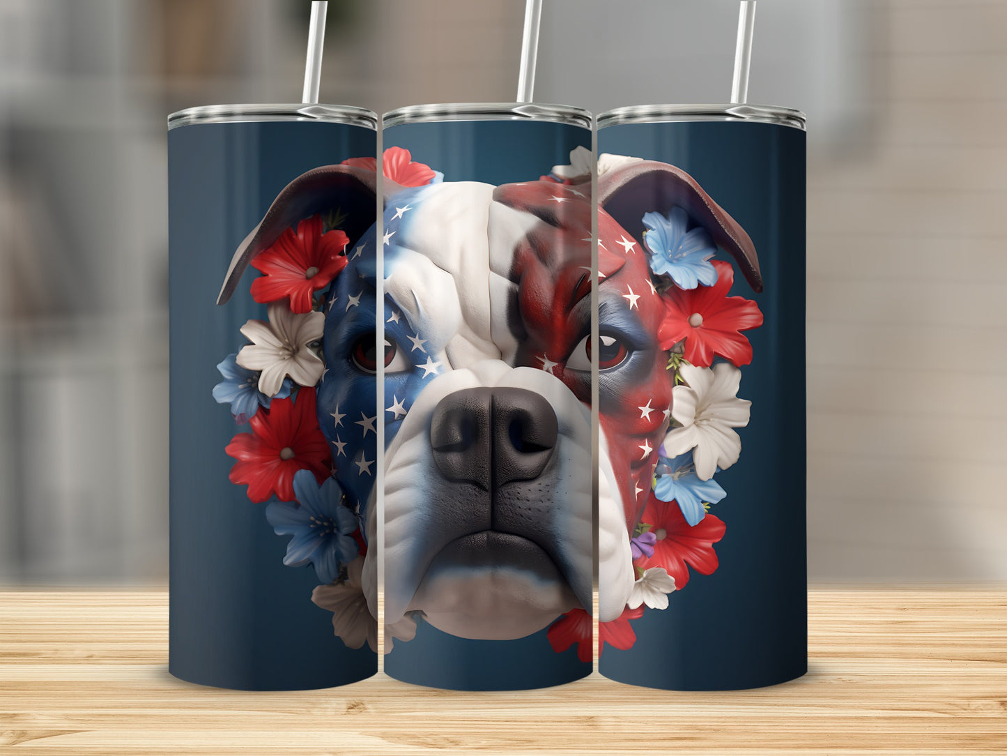 Bulldog face painted with American flag, surrounded by red and blue flowers.
