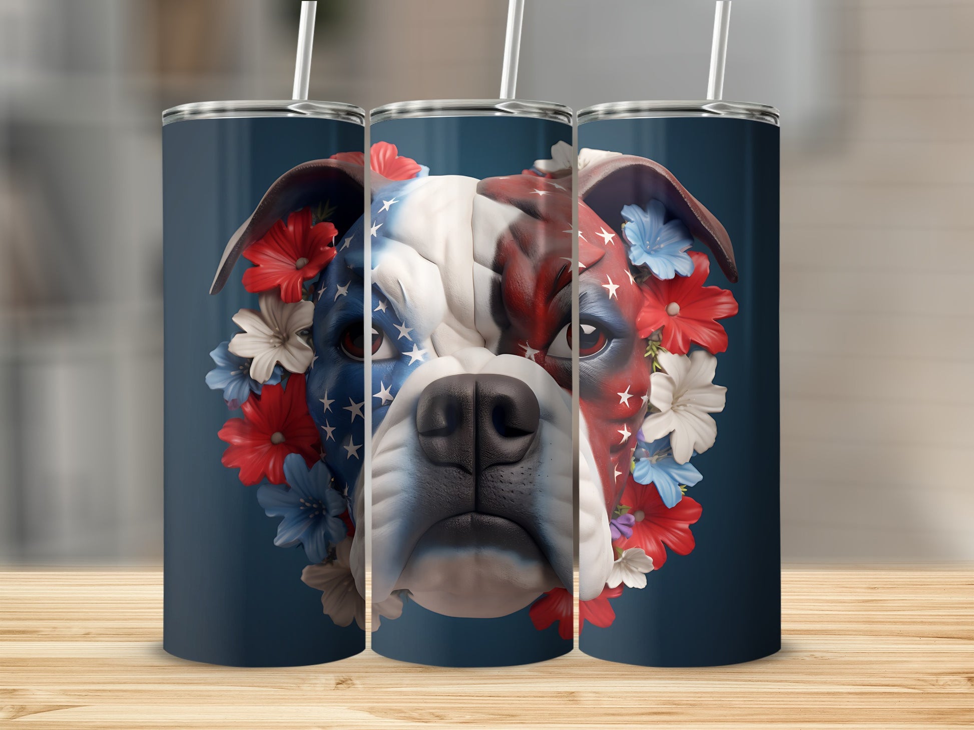 Bulldog face painted with American flag, surrounded by red and blue flowers.