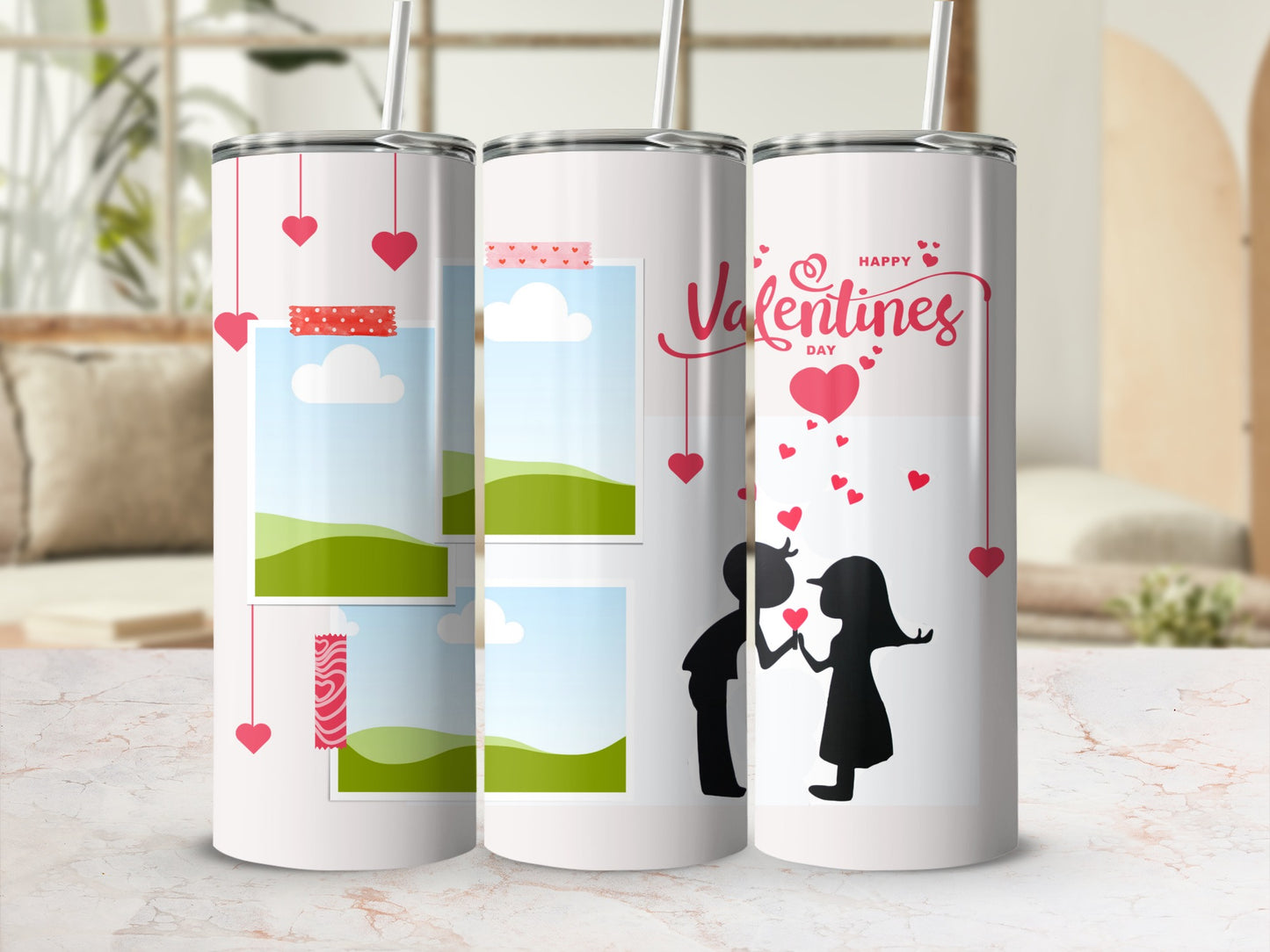 Tumblers with Valentine's Day designs and photo frames.