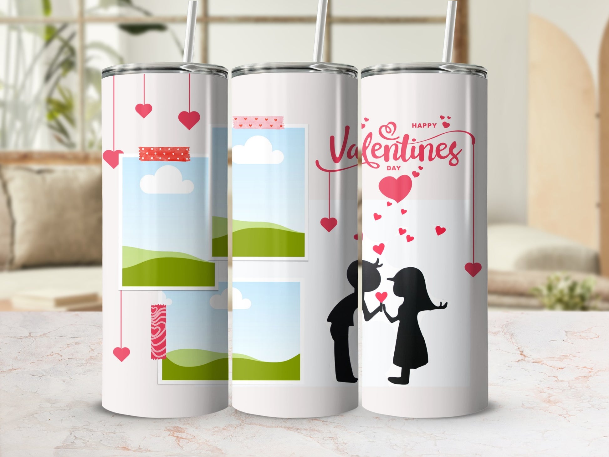 Tumblers with Valentine's Day designs and photo frames.