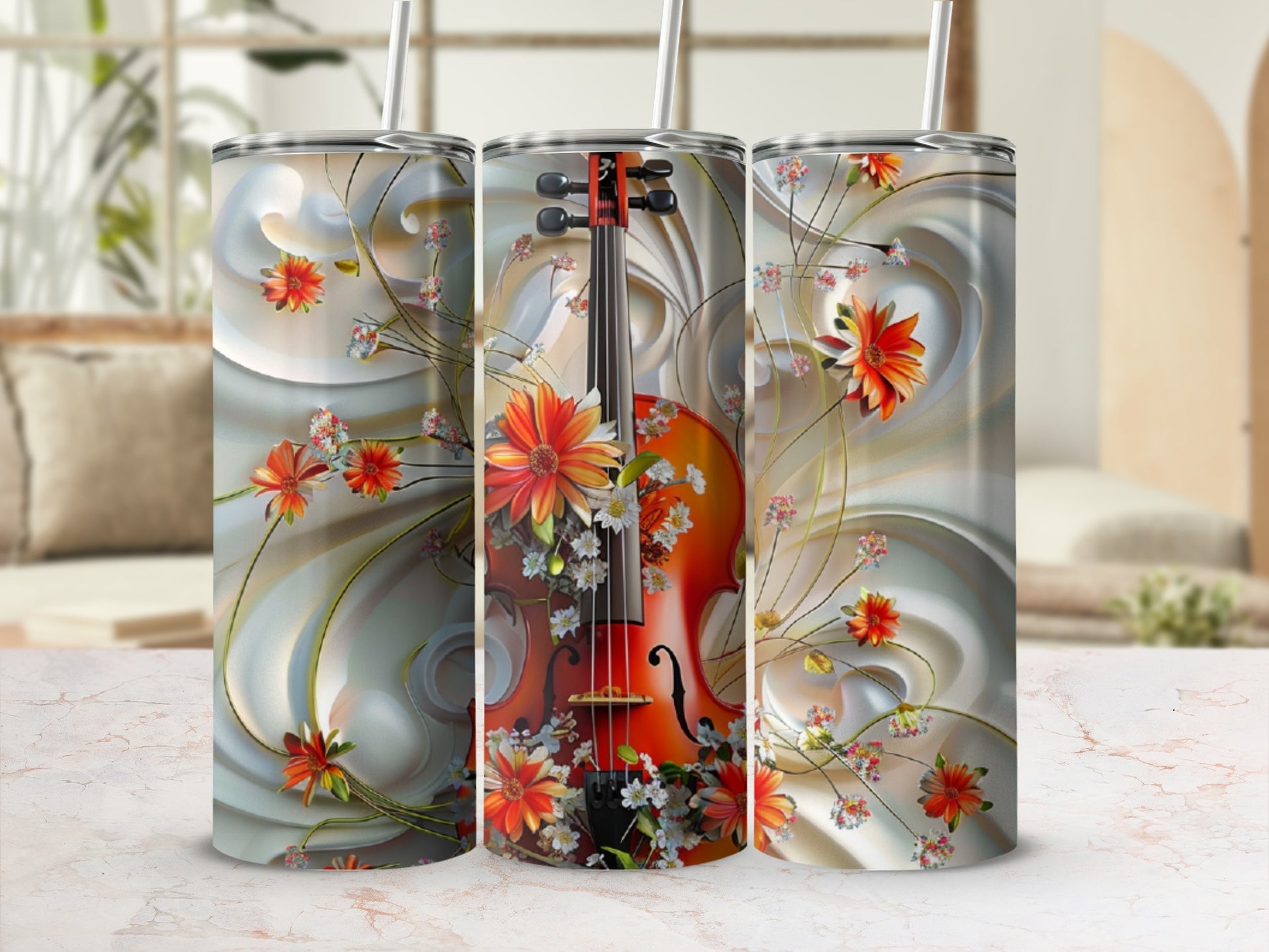 Violin with floral accents on a patterned tumbler.