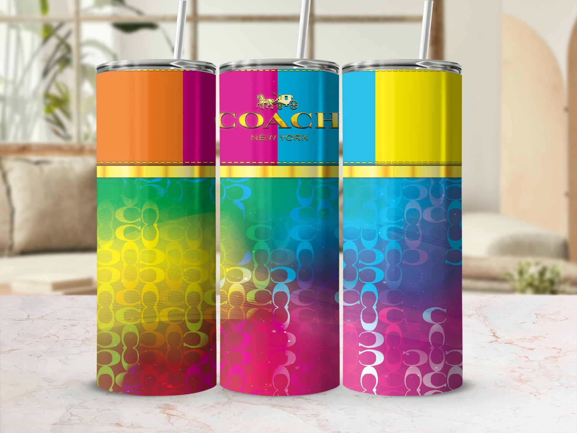 Coach New York tumblers with colorful panels and repeating logo pattern.