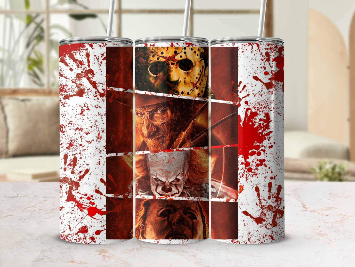 Tumbler with horror movie characters: Freddy Krueger, Jason Voorhees, Pennywise.