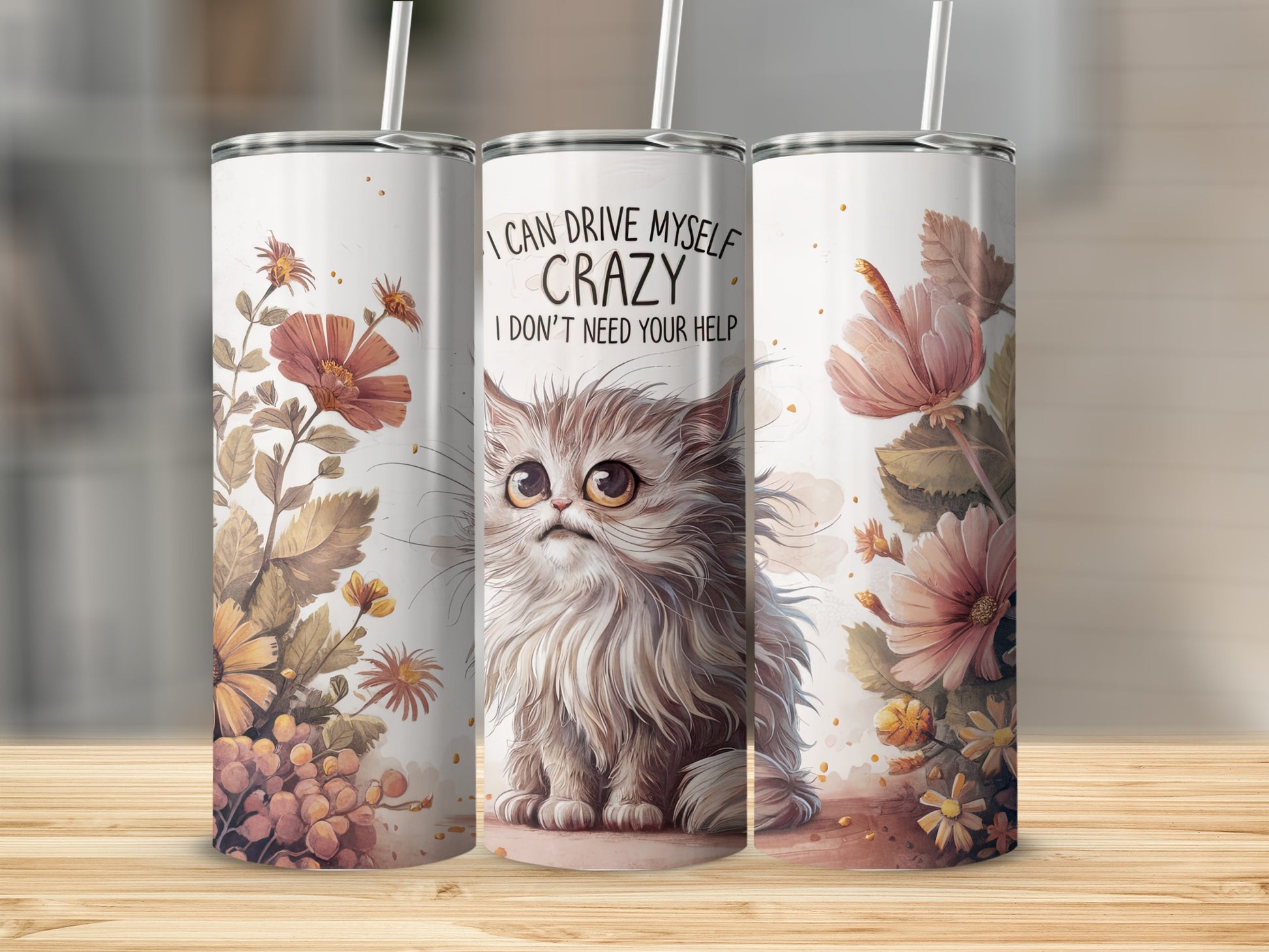 Furry cat on tumbler with text "I CAN DRIVE MYSELF CRAZY I DON'T NEED YOUR HELP."
