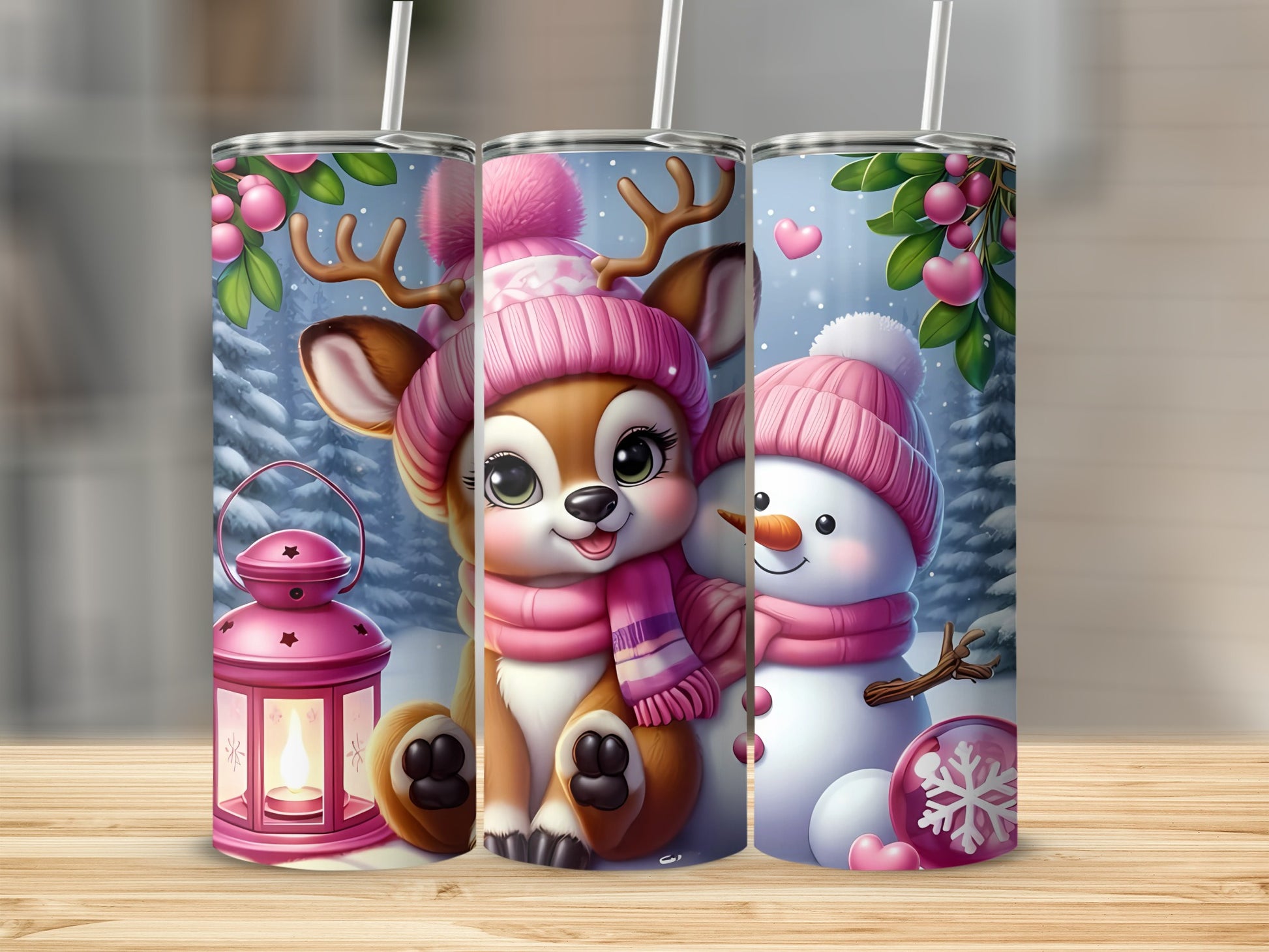 Cute Winter Reindeer and Snowman Skinny Tumbler Product