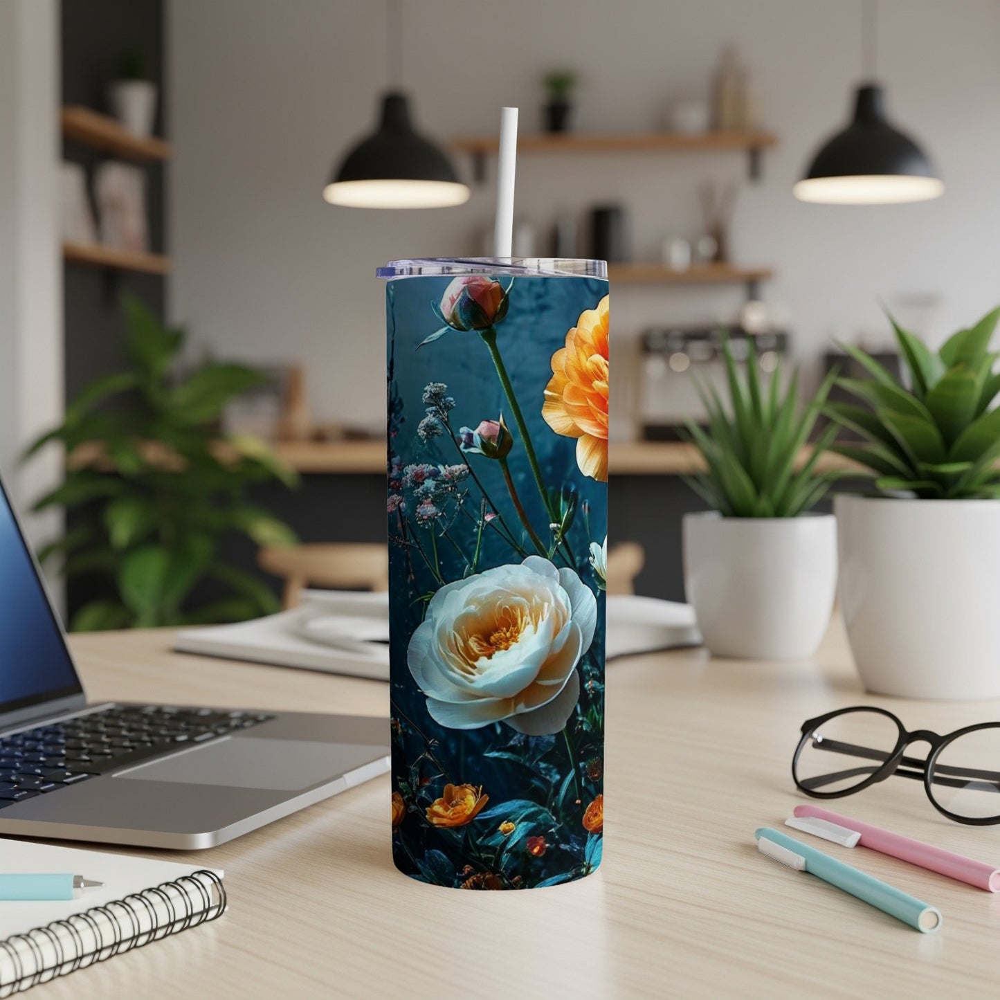Tall tumbler featuring a vibrant floral design with white and orange roses.