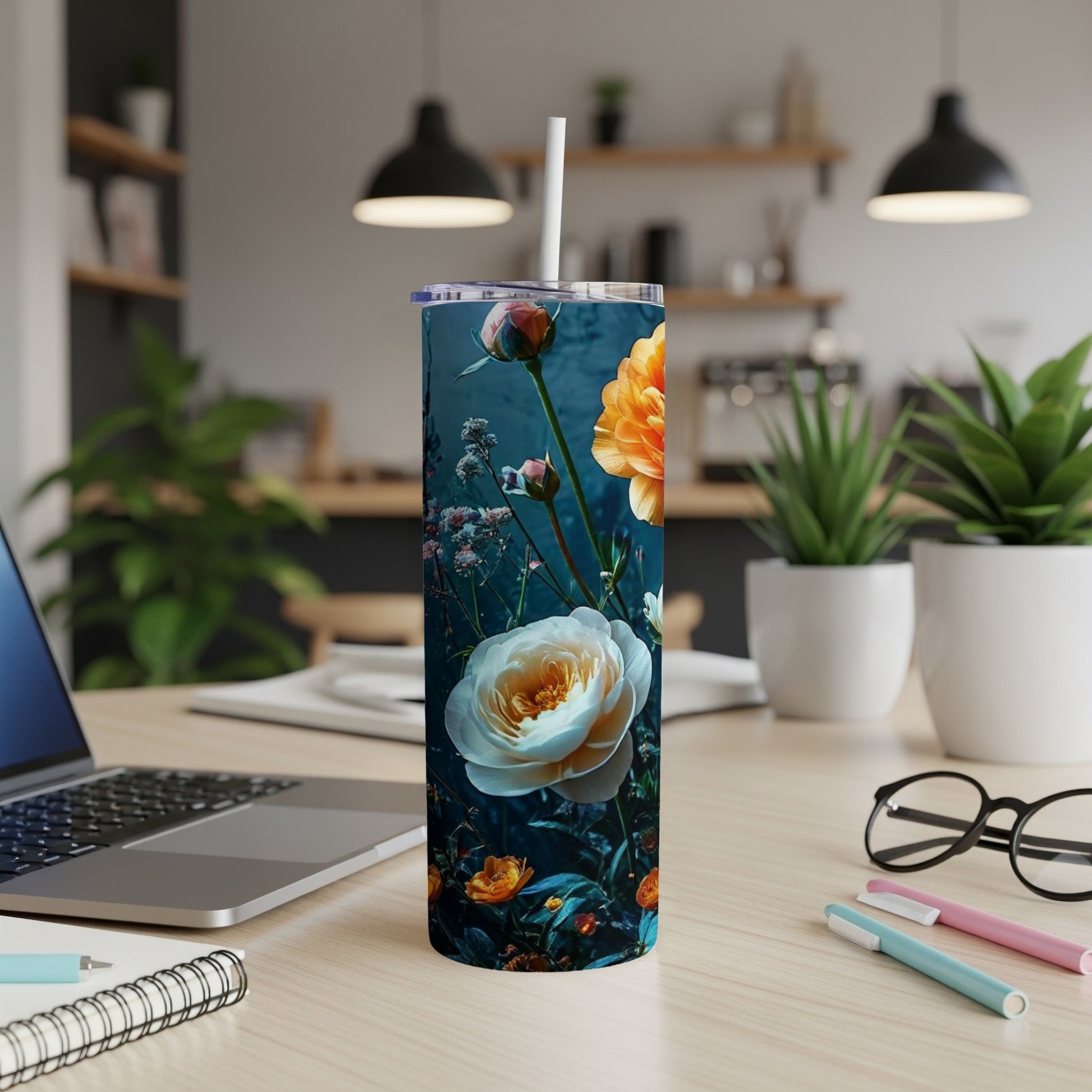 Tall tumbler featuring a vibrant floral design with white and orange roses.