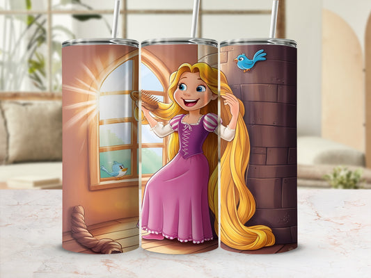 Rapunzel brushing her long golden hair with a bluebird nearby.