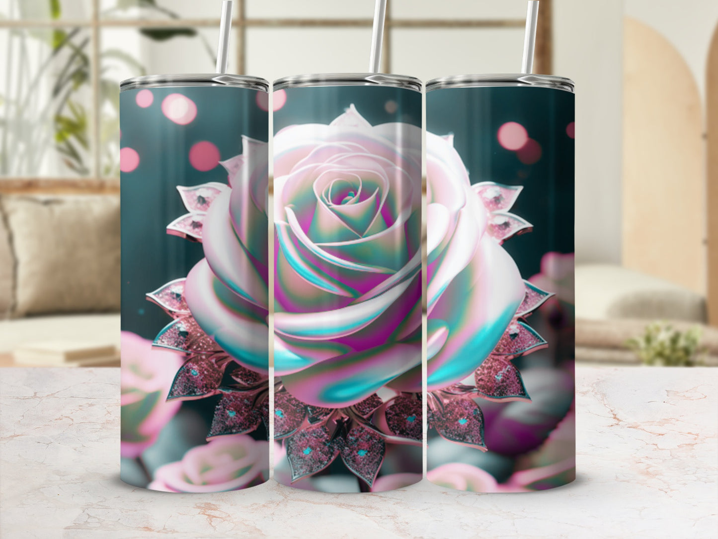 Rose tumbler with intricate floral detailing and straw.