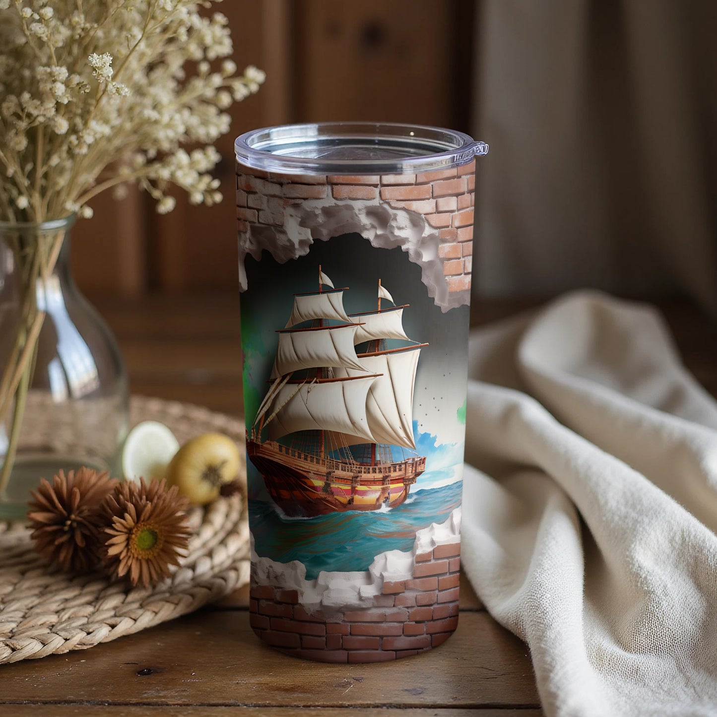 Vintage Ship in Brick Mural Artwork on Tumbler