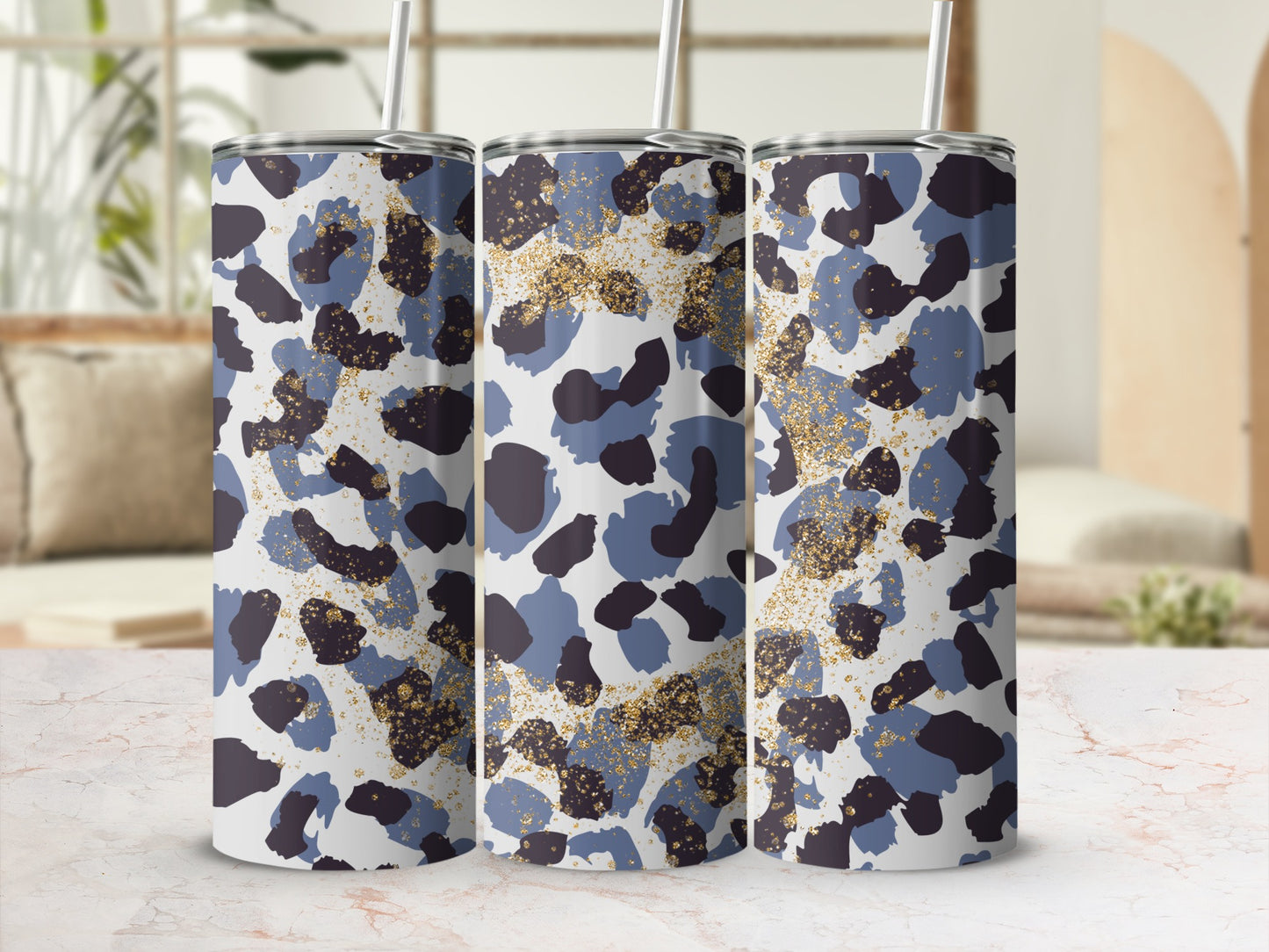 Blue and Gold Abstract Animal Print Tumbler Cup