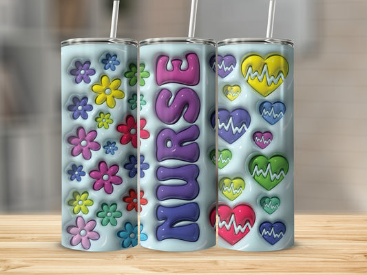 Blue tumbler with colorful flowers, "Nurse" text, and heart designs.