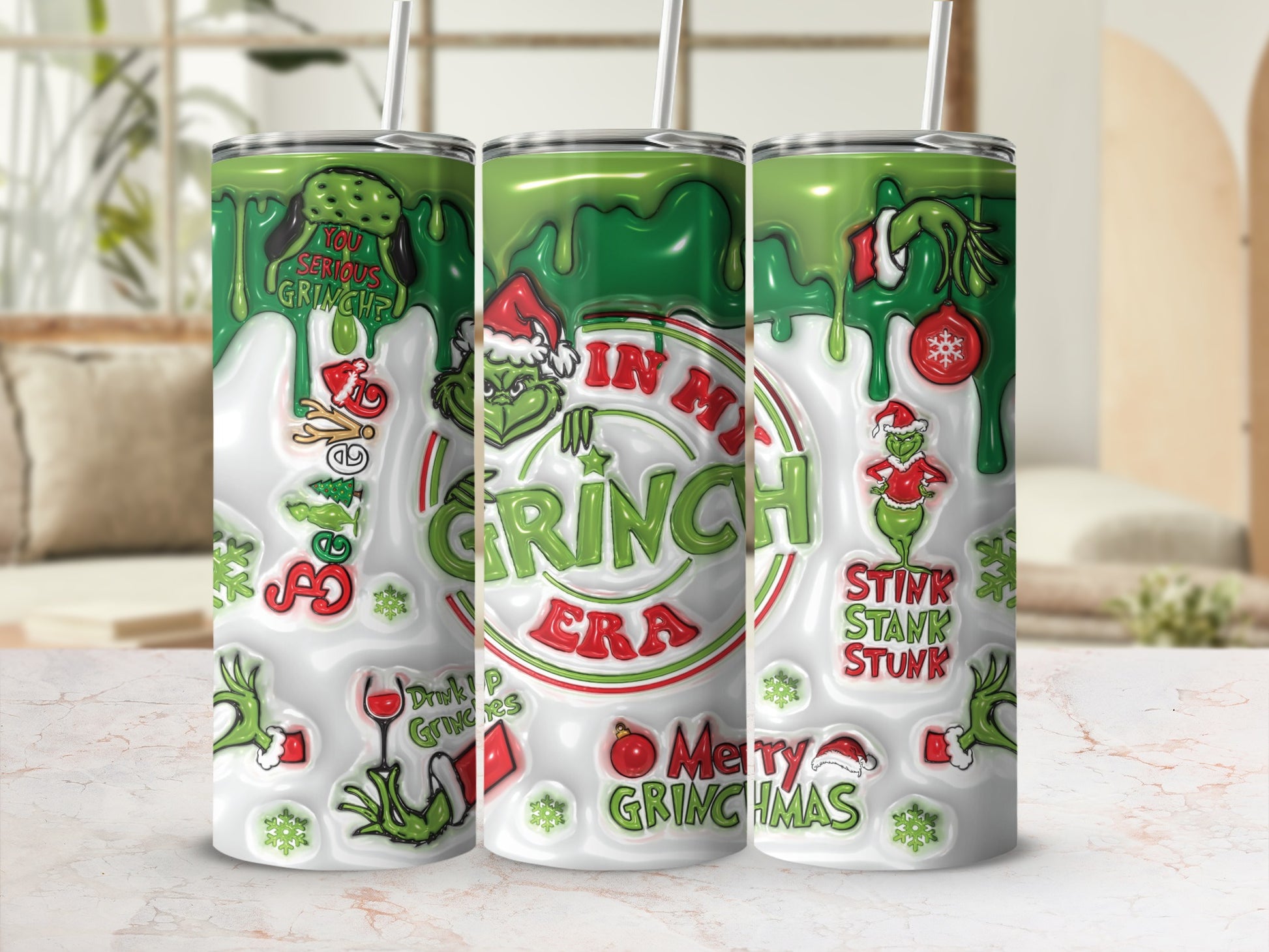 Grinch Era Holiday Themed Tumbler with Straw Gift Item