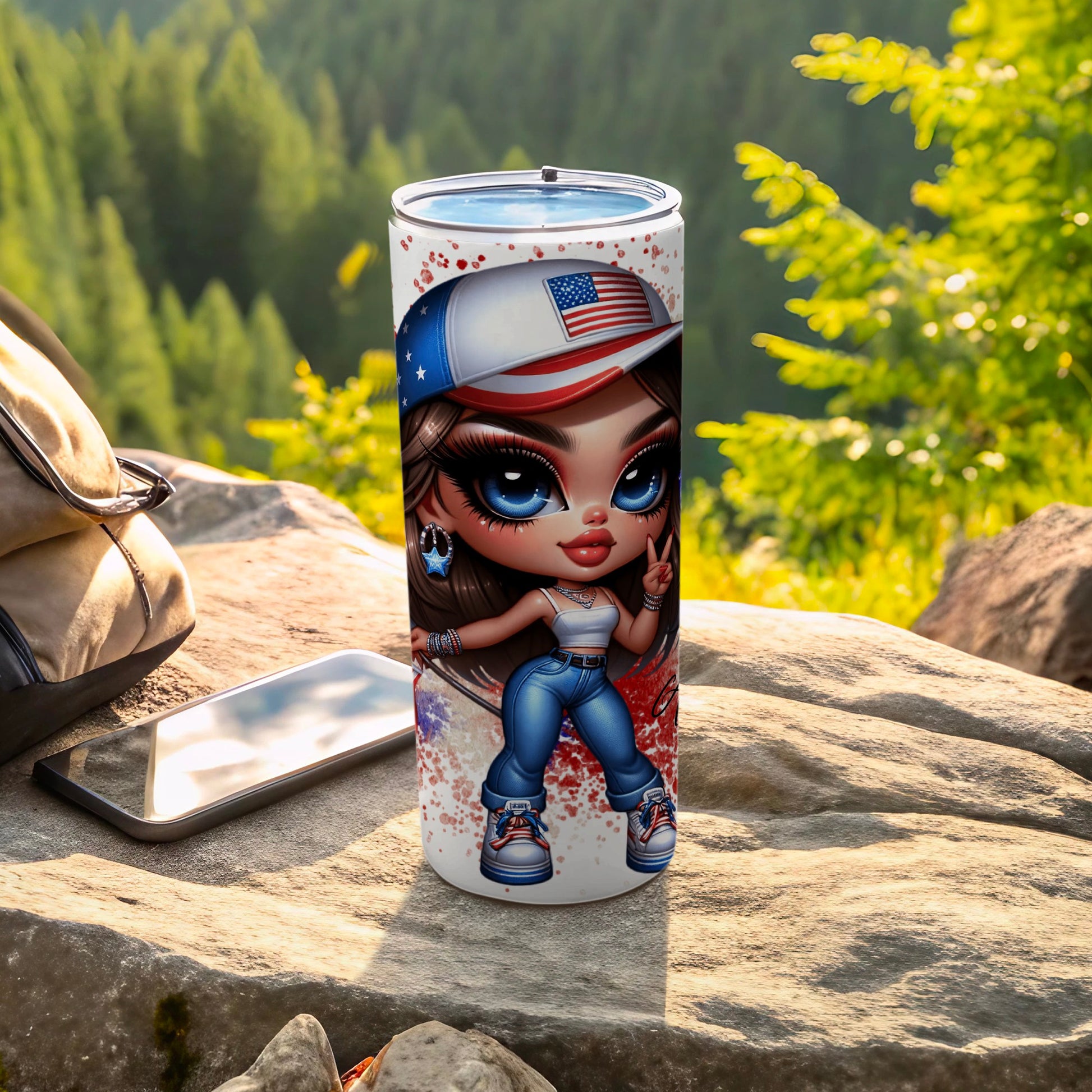 Tumbler with patriotic girl design and American flag hat.