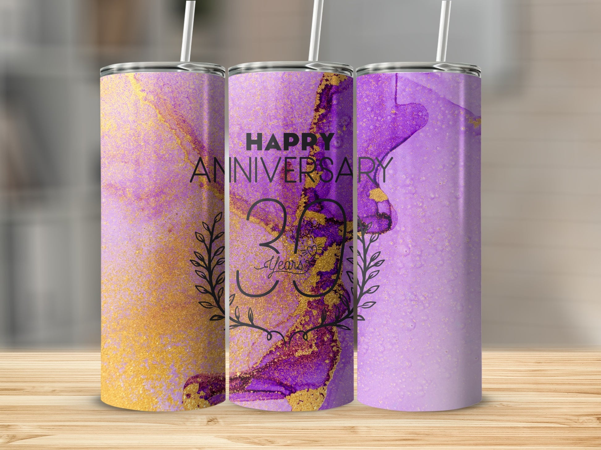 Tumbler with purple and gold abstract watercolor design and "Happy Anniversary 3 Years" text.