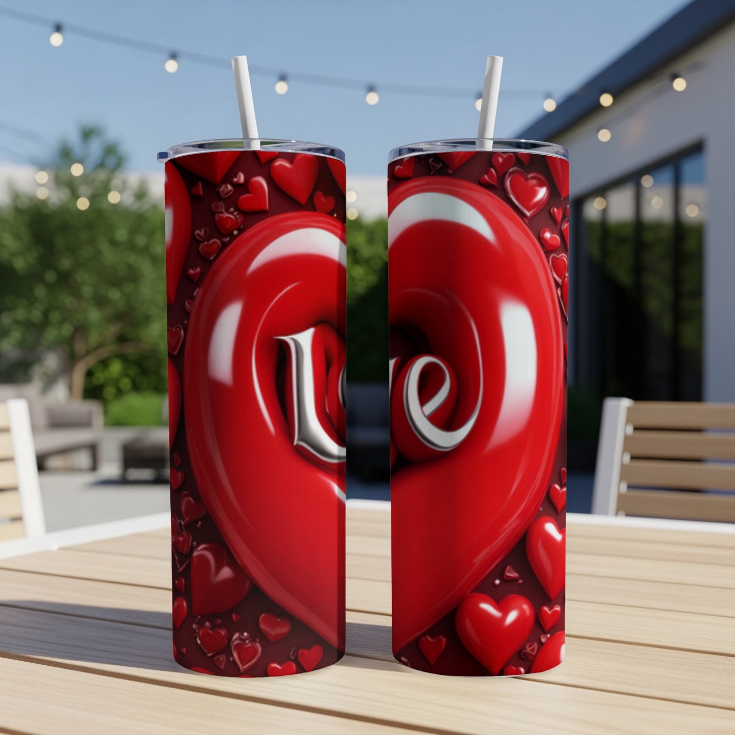 Two red heart-shaped tumblers with "Love" text on a table outdoors.