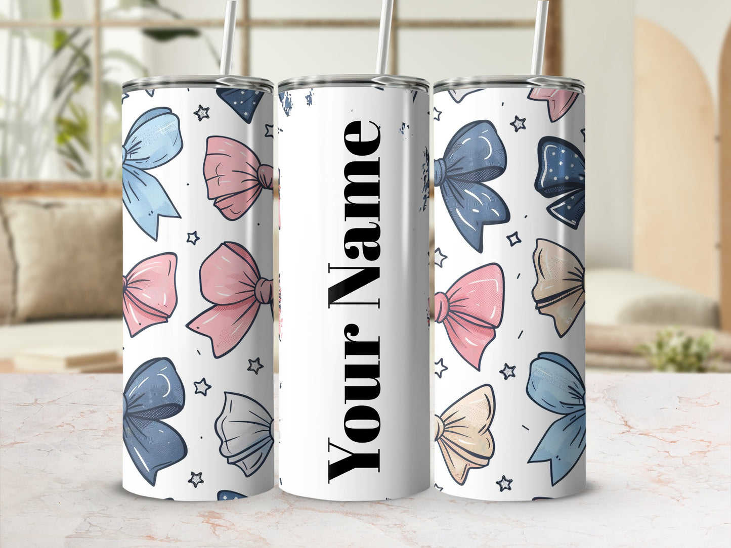Personalized Bow Patterned Tumbler Custom Name Gift