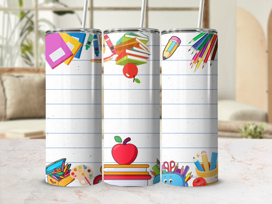Three tall tumblers with school-themed designs: books, pencils, and apples.