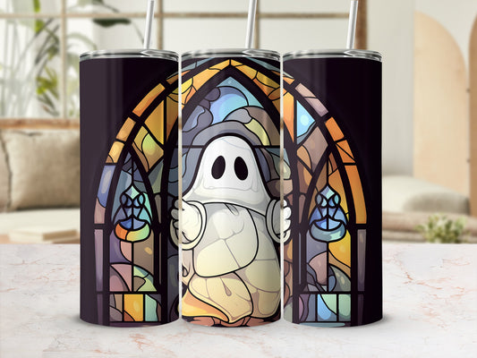 Ghost in stained glass pattern on a tumbler with a straw.