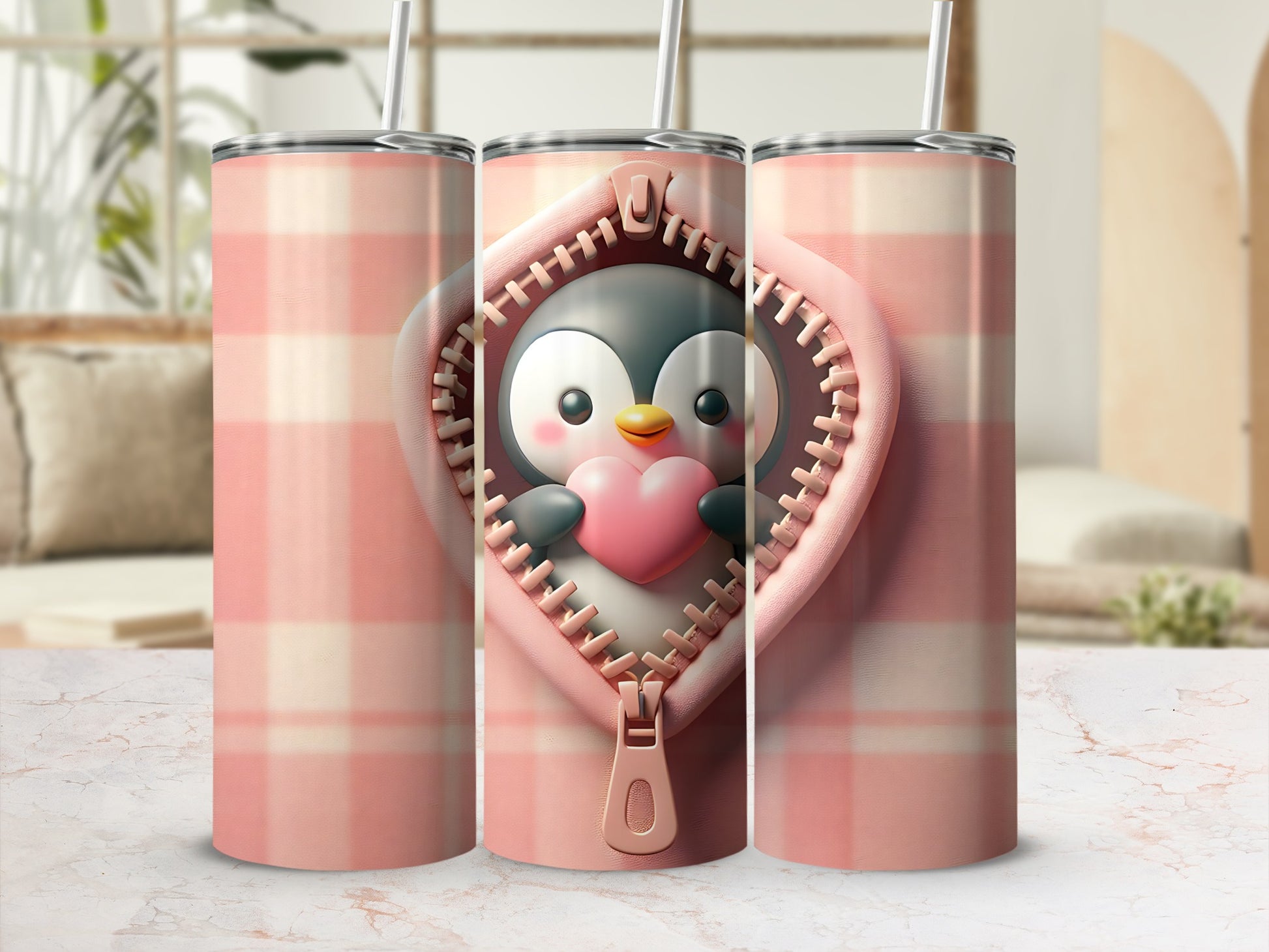 Pink plaid tumbler with a zippered pocket revealing a cute penguin holding a heart.