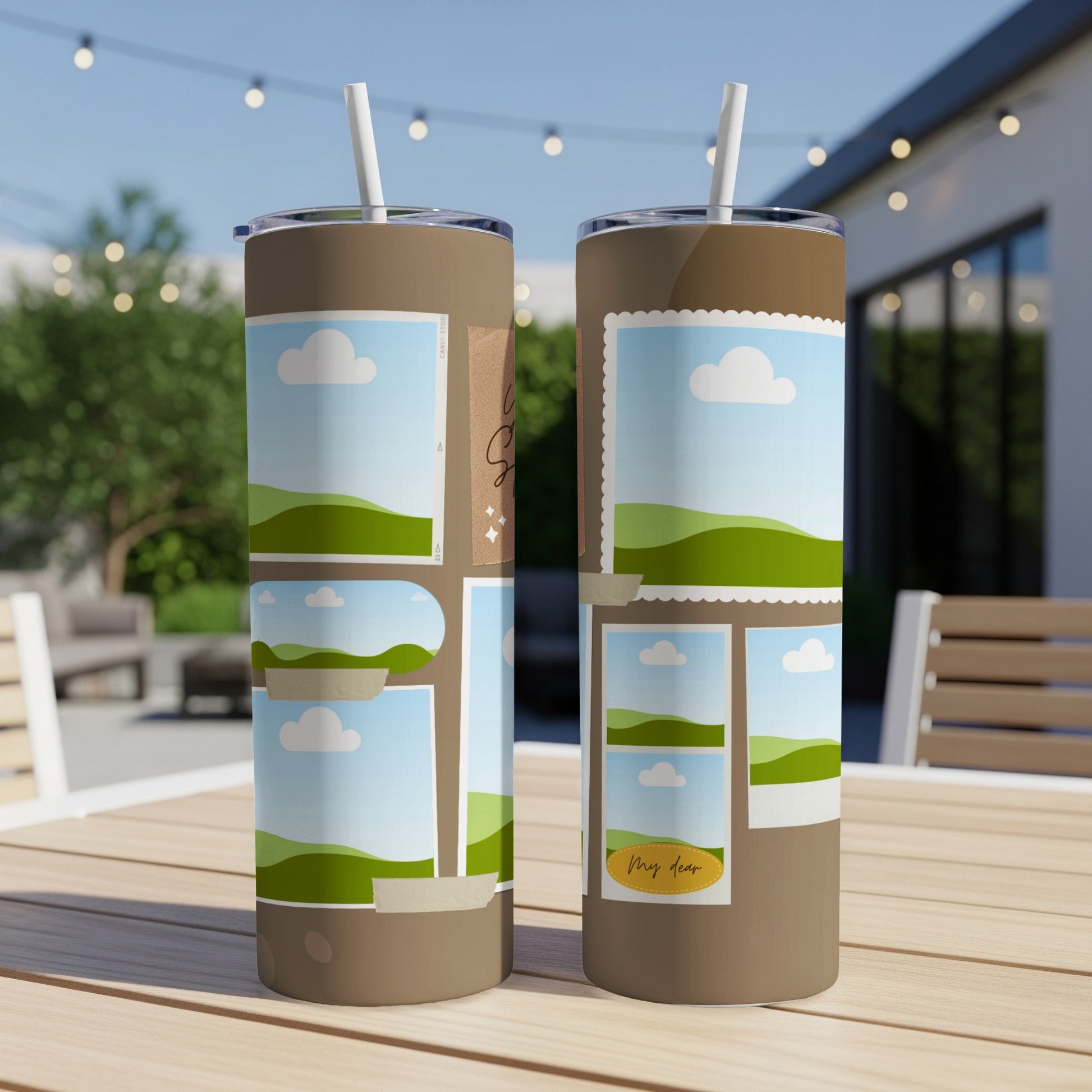Two brown tumblers with a collage of landscape photos and the text "My dear".