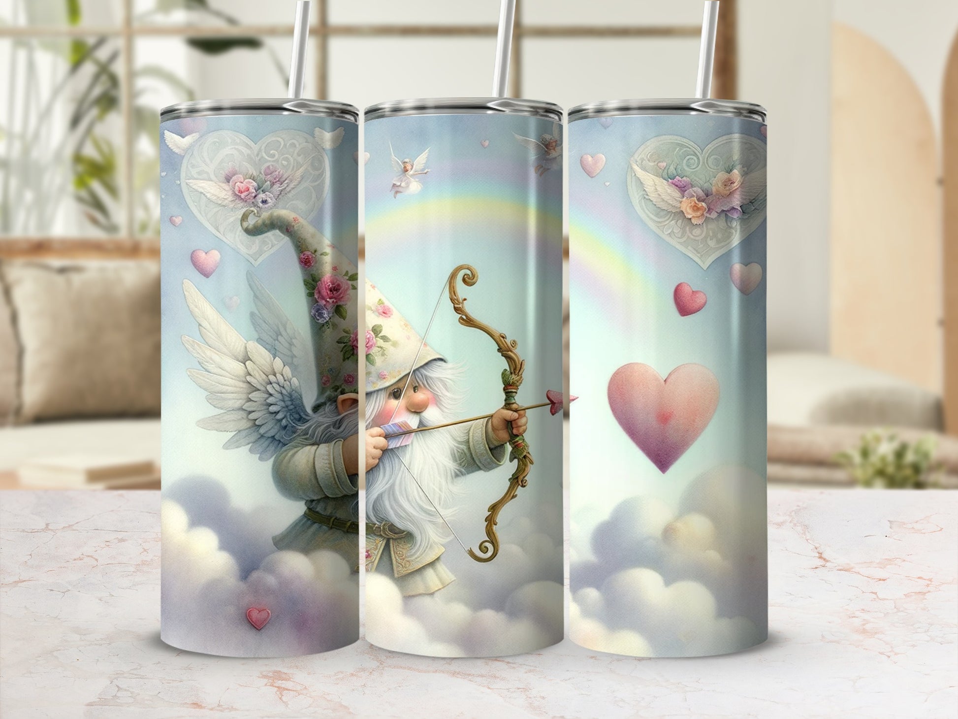 Cute Gnome Cupid with Rainbow and Hearts Tumbler