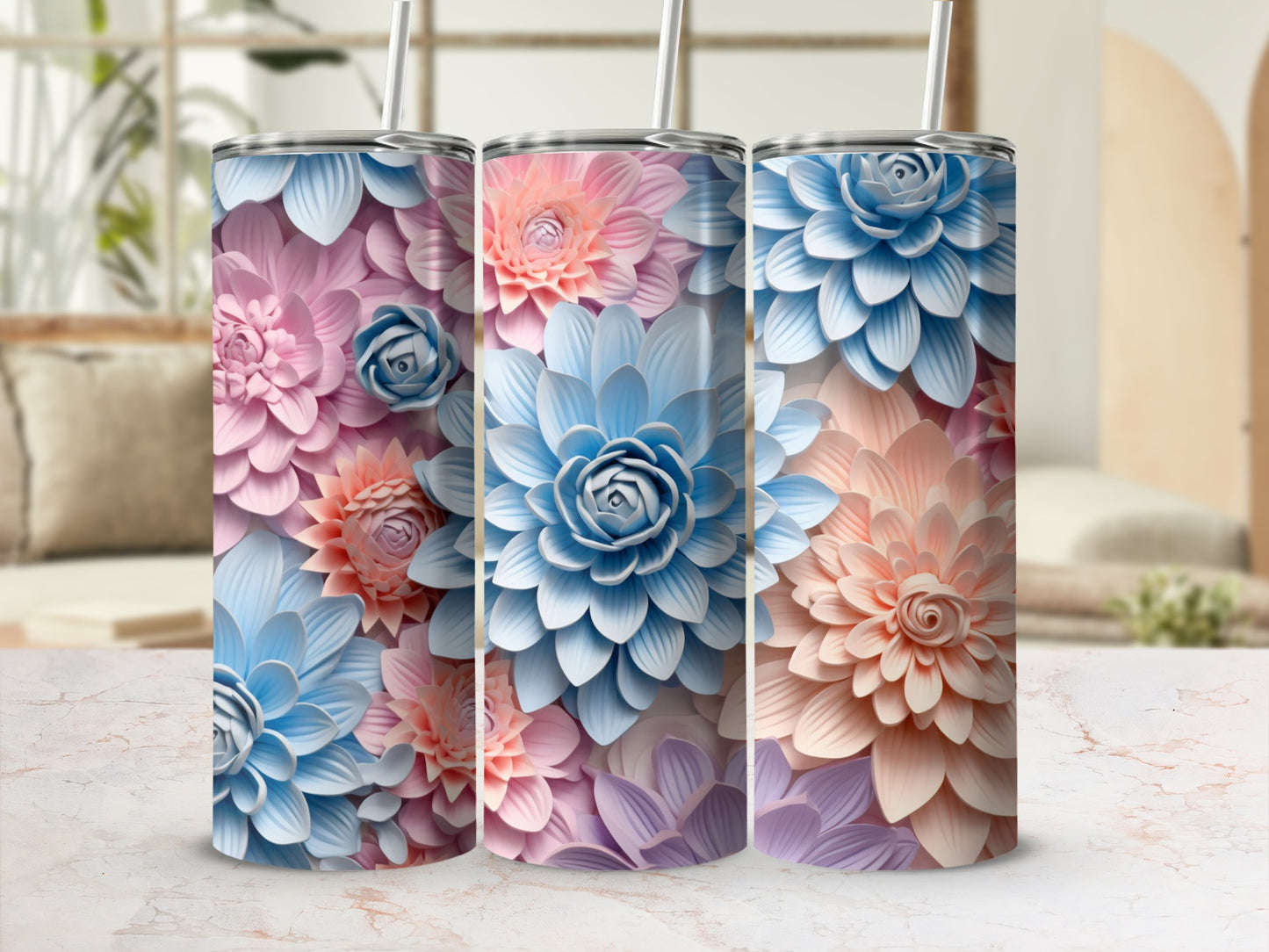 3D Sculpted Pastel Pink Blue Peach Floral Dahlia Tumbler product type