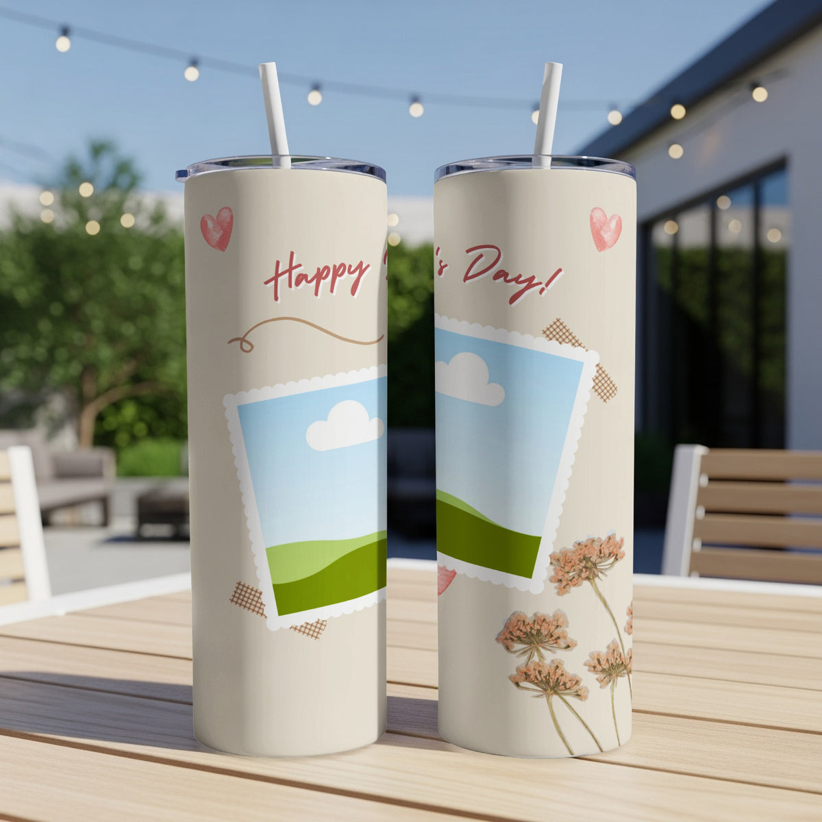 Two light beige tumblers with "Happy Mother's Day!" text and floral accents.