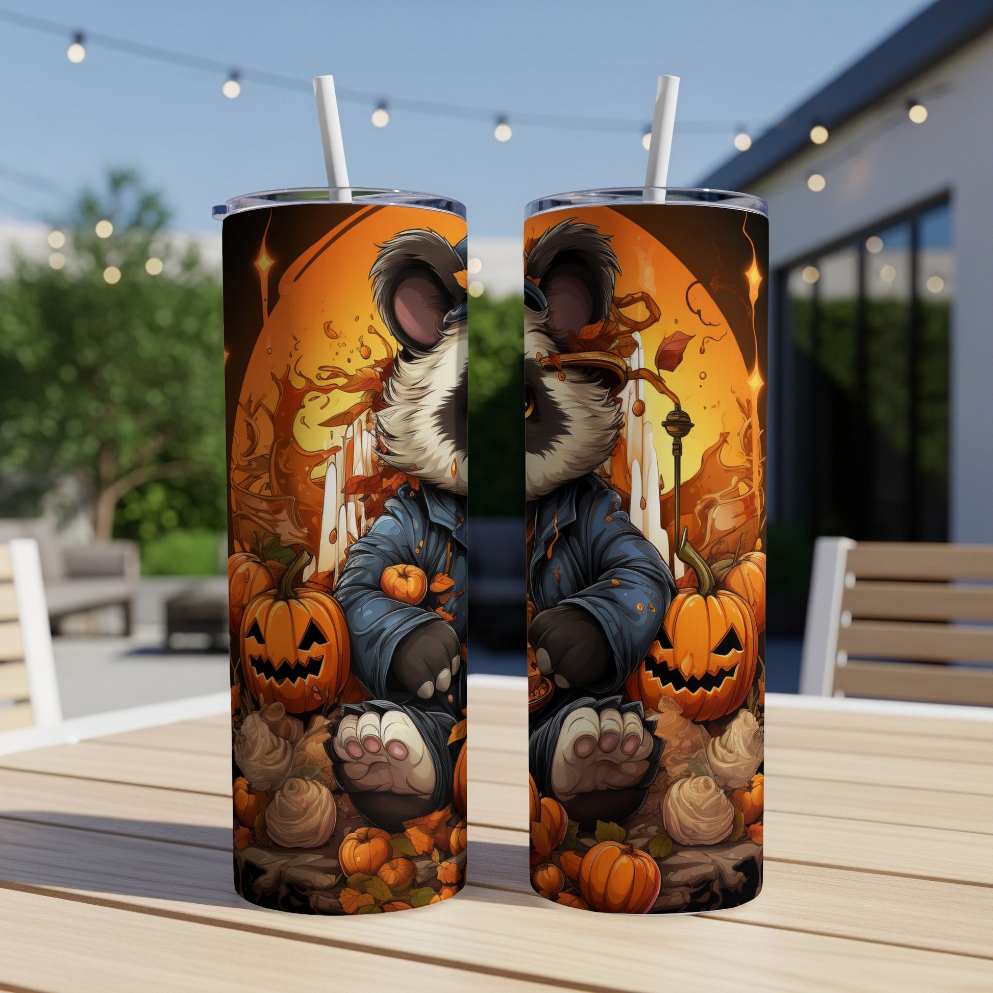 Halloween tumbler with a raccoon character and jack-o'-lanterns.