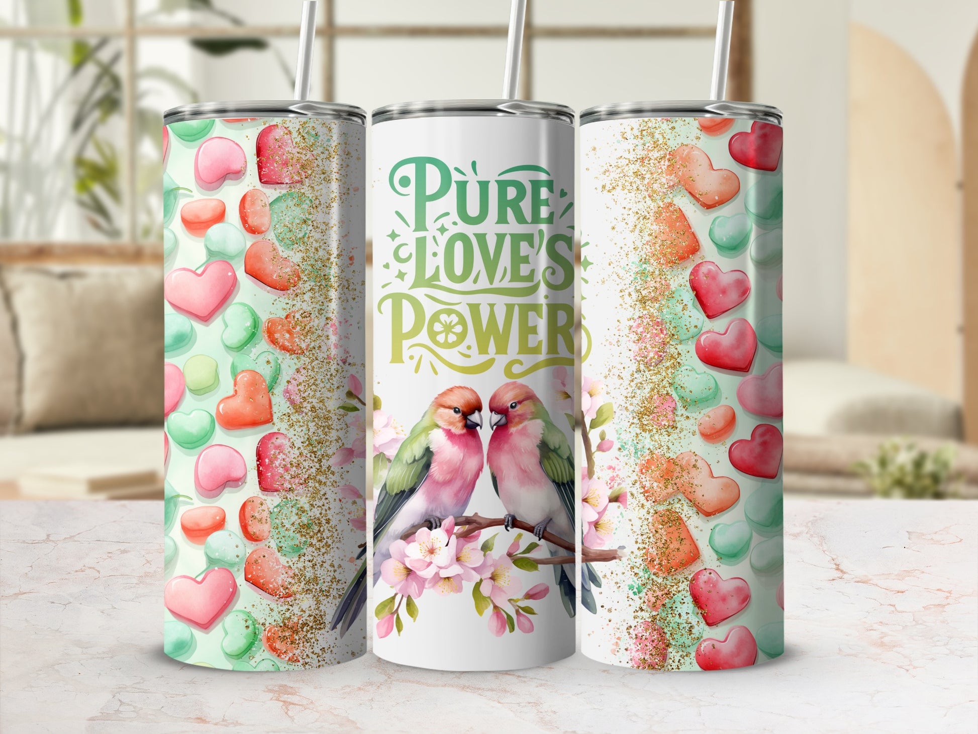 Pure Love's Power Bird and Heart-Themed Tumbler