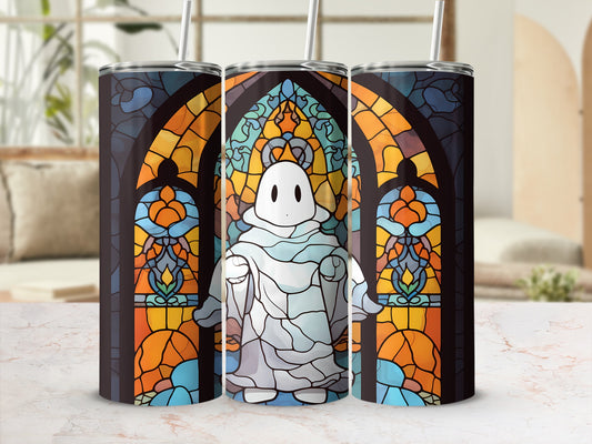 Ghost in stained glass pattern on a tumbler.