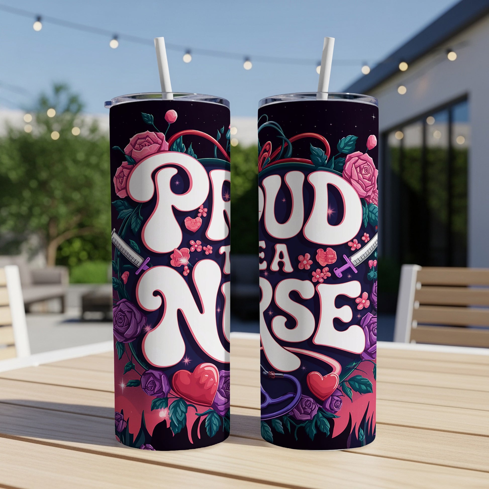 Proud to be a Nurse tumbler with floral and heart designs.