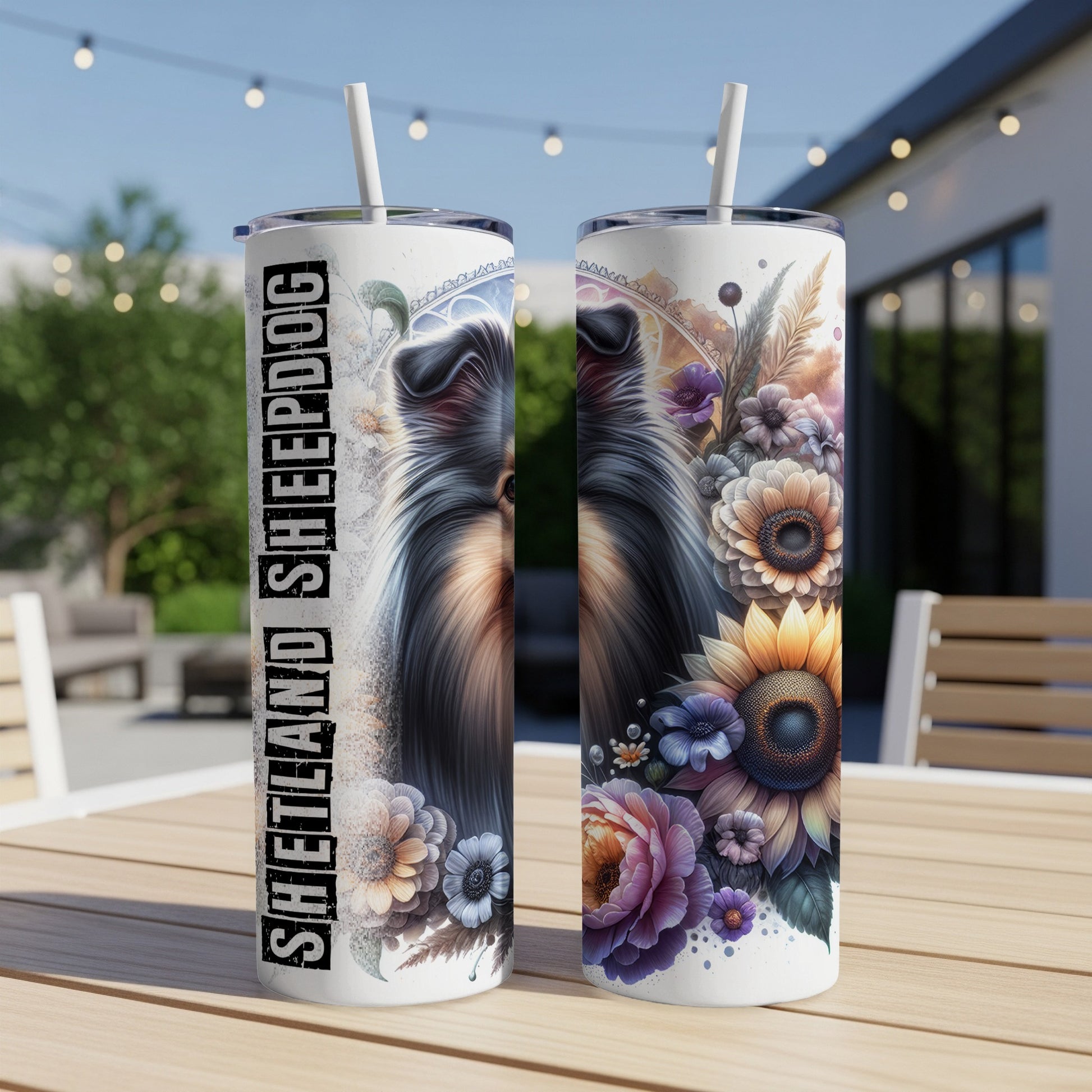 Shetland Sheepdog tumbler with floral design.